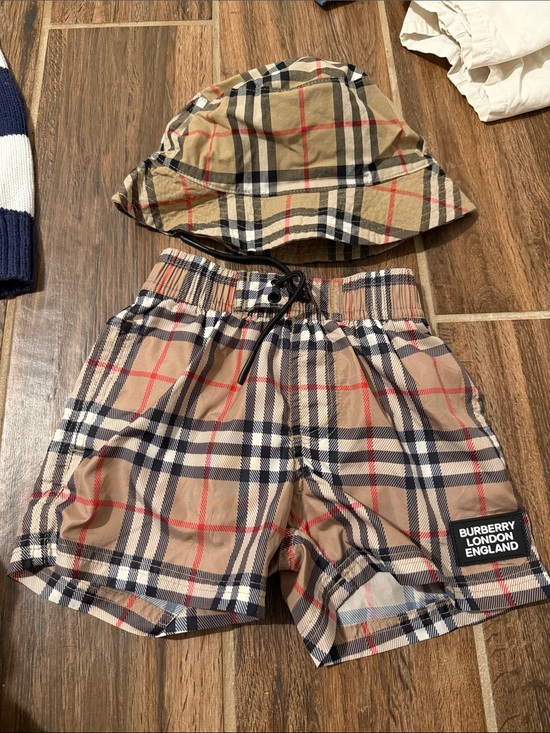 Burberry Other - Burberry Kids Beige Plaid Swim Trunks with Matching Bucket Hat